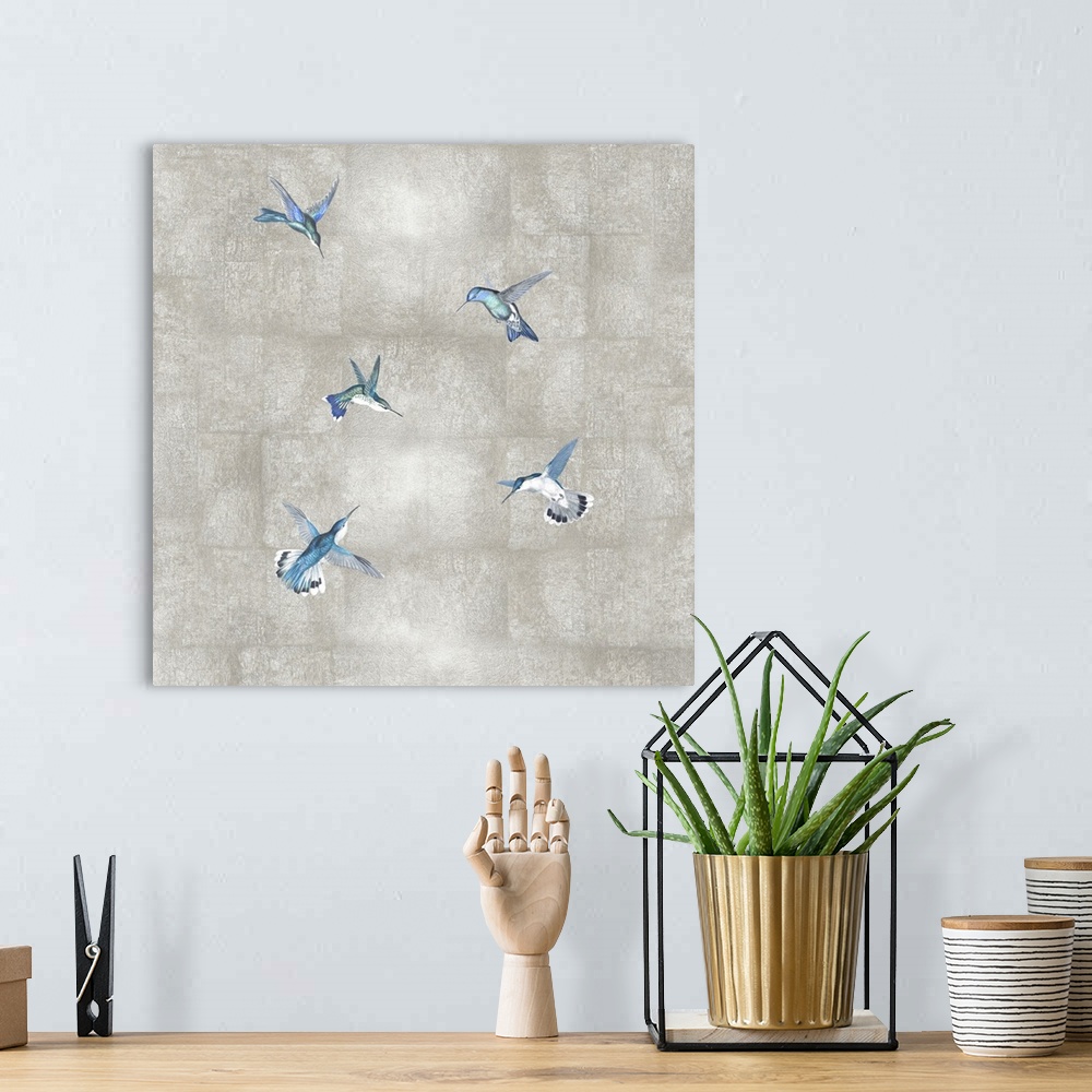 A bohemian room featuring Hummingbirds Blue On Silver II