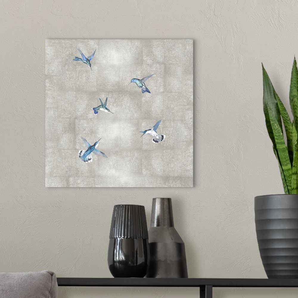 A modern room featuring Hummingbirds Blue On Silver II