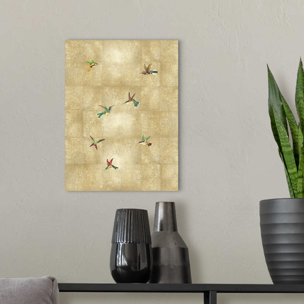 A modern room featuring Hummingbirds On Gold IV