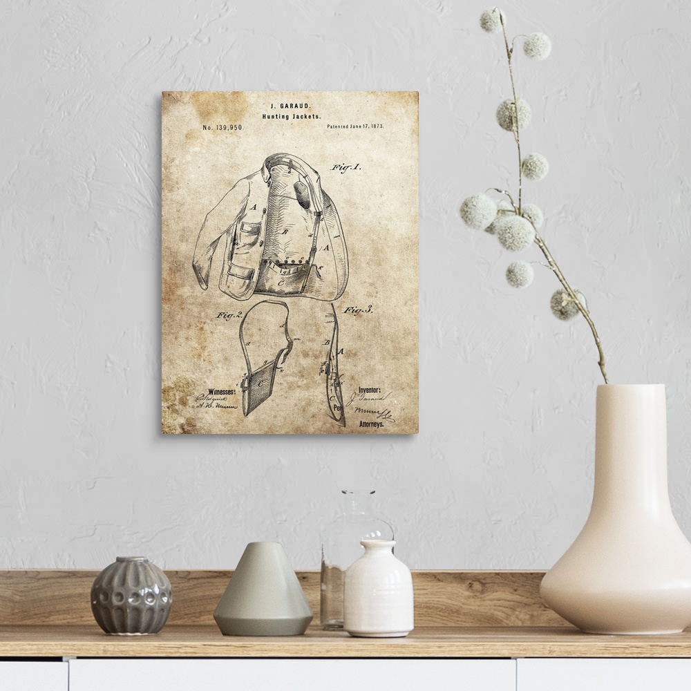 A farmhouse room featuring Antique style blueprint diagram of a Hunting Jacket printed on an aged background.