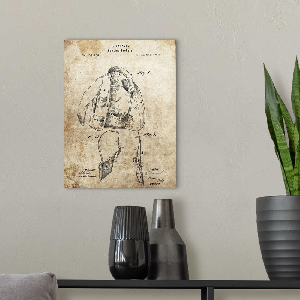 A modern room featuring Antique style blueprint diagram of a Hunting Jacket printed on an aged background.