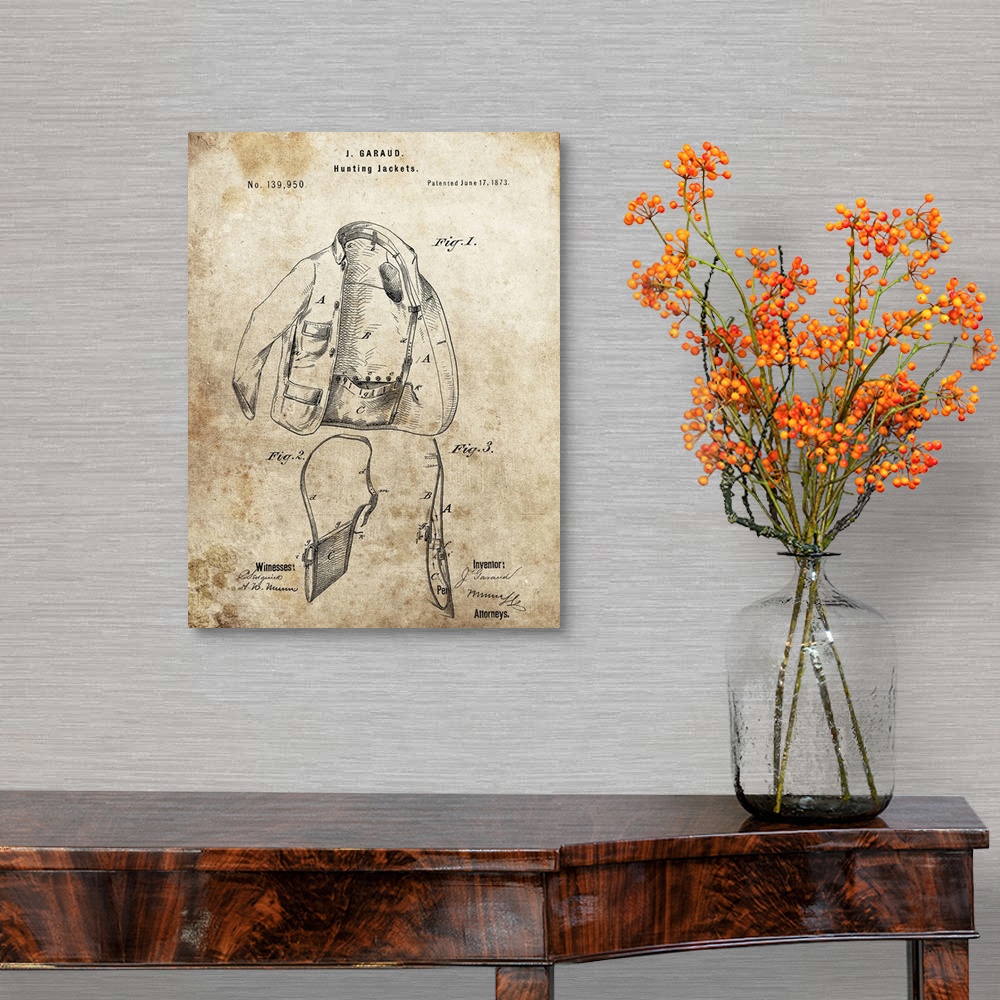 A traditional room featuring Antique style blueprint diagram of a Hunting Jacket printed on an aged background.