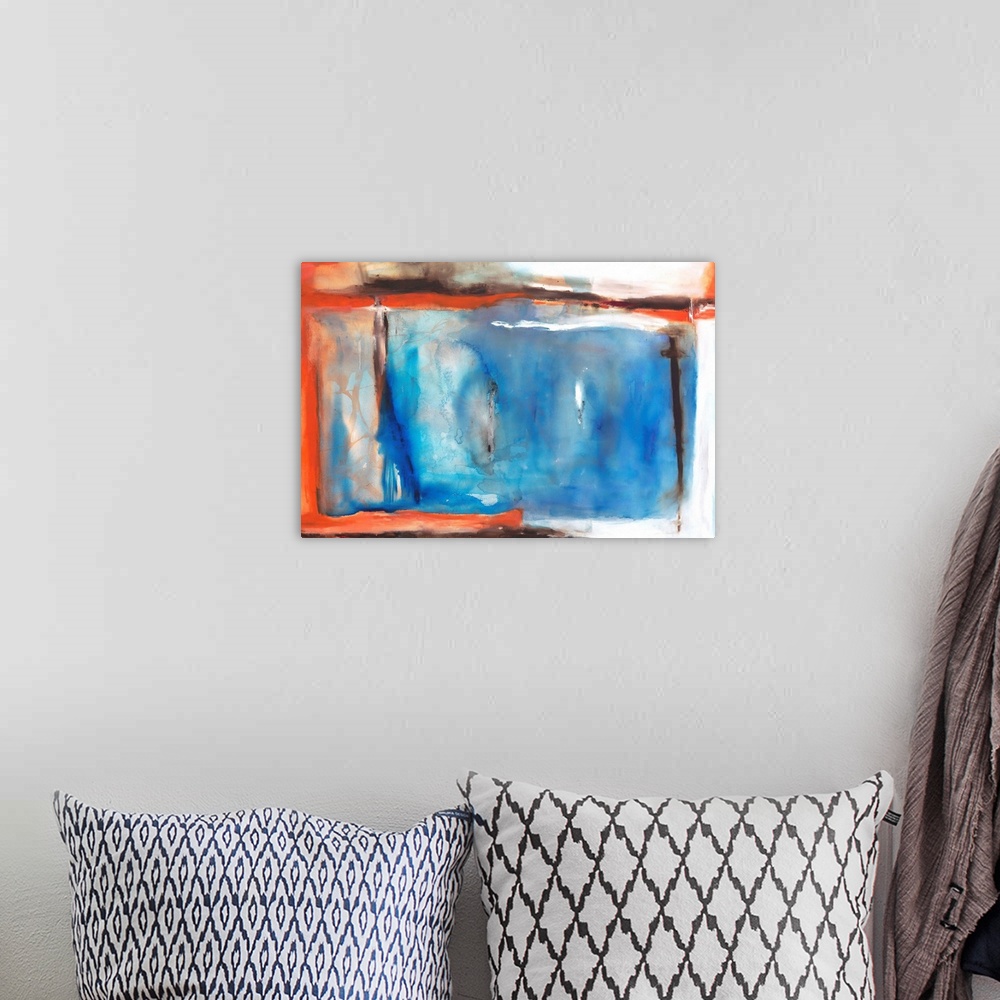 A bohemian room featuring Large abstract painting in shades of blue, orange, gray, white, and brown.