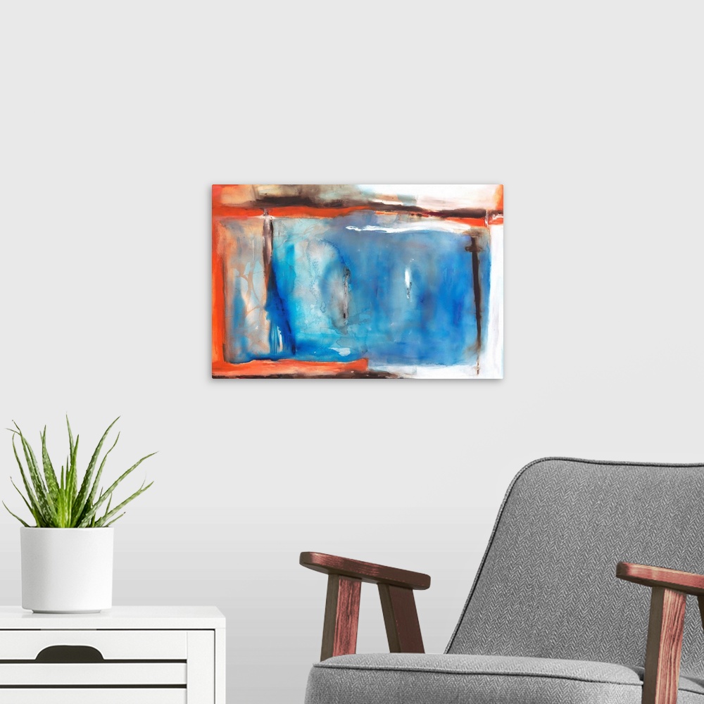 A modern room featuring Large abstract painting in shades of blue, orange, gray, white, and brown.