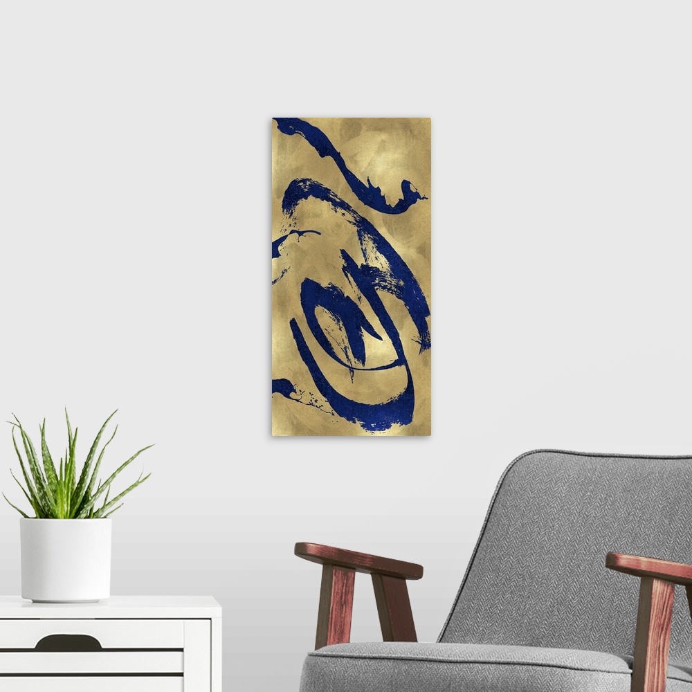 A modern room featuring Gestural and energetic brush strokes in blue decorate a mottled gold color background in this con...