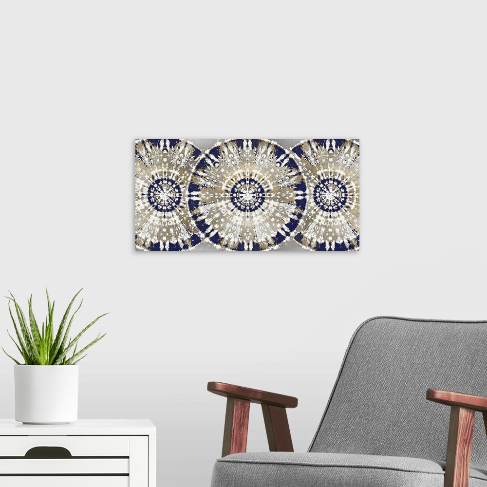 A modern room featuring Large abstract decor with three patterned, bohemian style circles overlapping in a row with blue,...