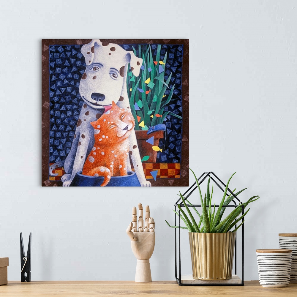 A bohemian room featuring Square painting of a white and brown spotted dog licking an orange and white spotted cat on the h...