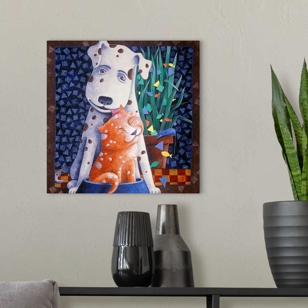 A modern room featuring Square painting of a white and brown spotted dog licking an orange and white spotted cat on the h...