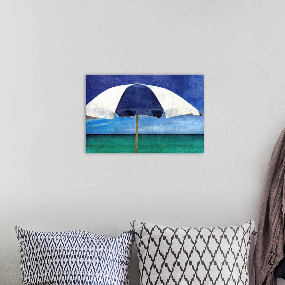 A bohemian room featuring Beachy illustration with a blue and white striped umbrella and the ocean in the background.
