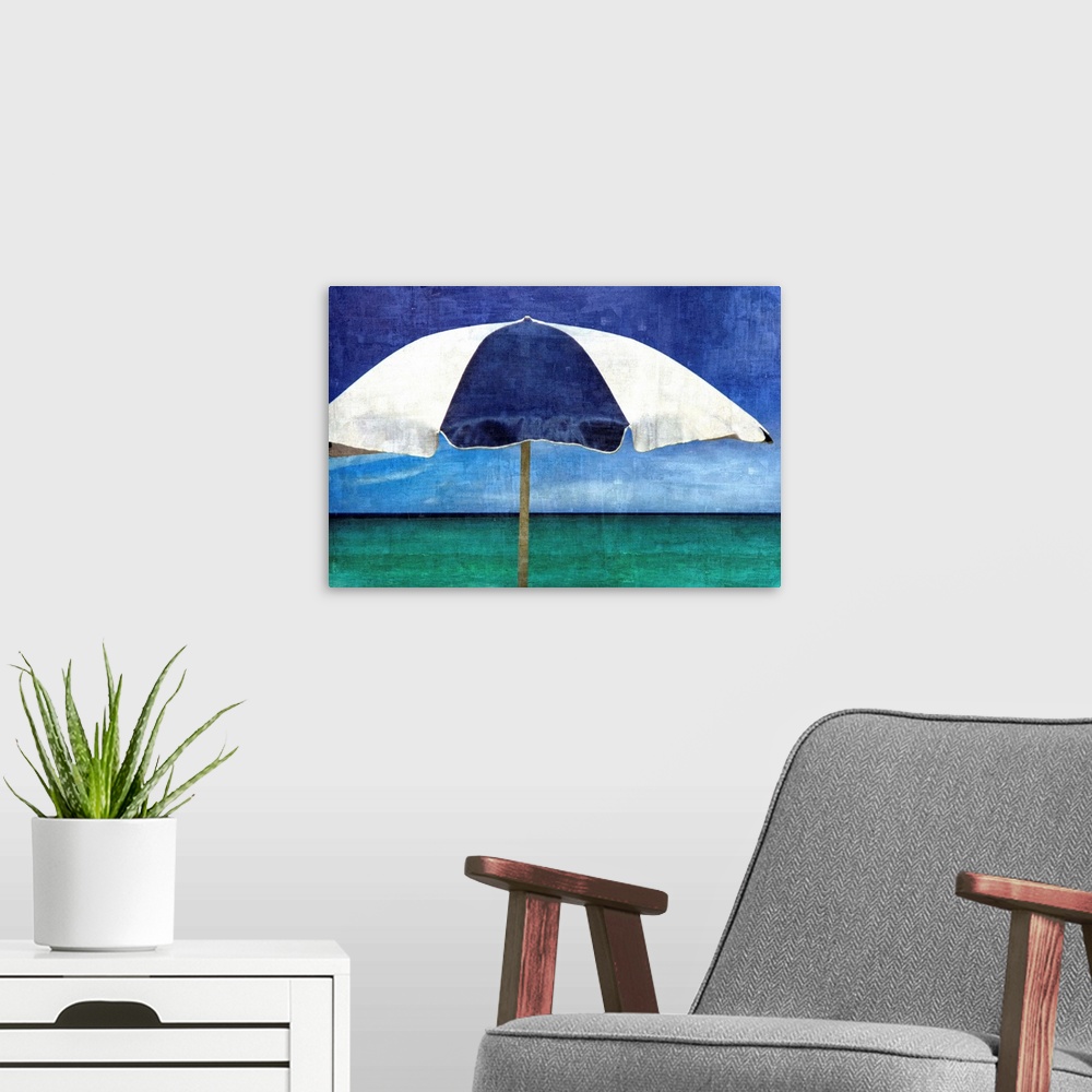 A modern room featuring Beachy illustration with a blue and white striped umbrella and the ocean in the background.