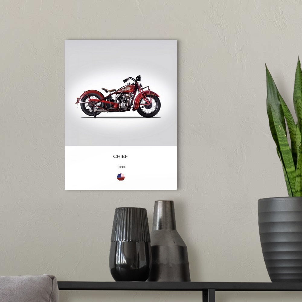 A modern room featuring Photograph of an Indian Chief 1939 printed on a white and gray background.