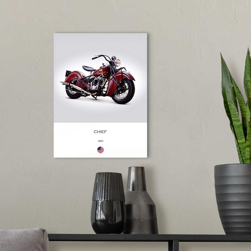 A modern room featuring Photograph of an Indian Chief 1941 printed on a white and gray background.