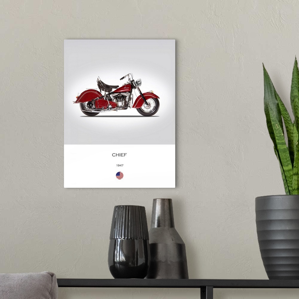 A modern room featuring Photograph of an Indian Chief 1947 printed on a white and gray background.