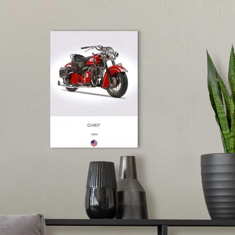 A modern room featuring Photograph of an Indian Chief 1953 printed on a white and gray background.