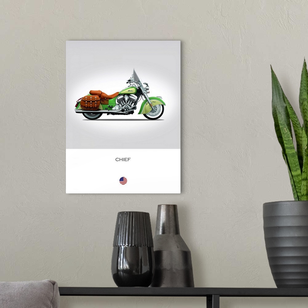 A modern room featuring Photograph of an Indian Chief 2015 printed on a white and gray background.