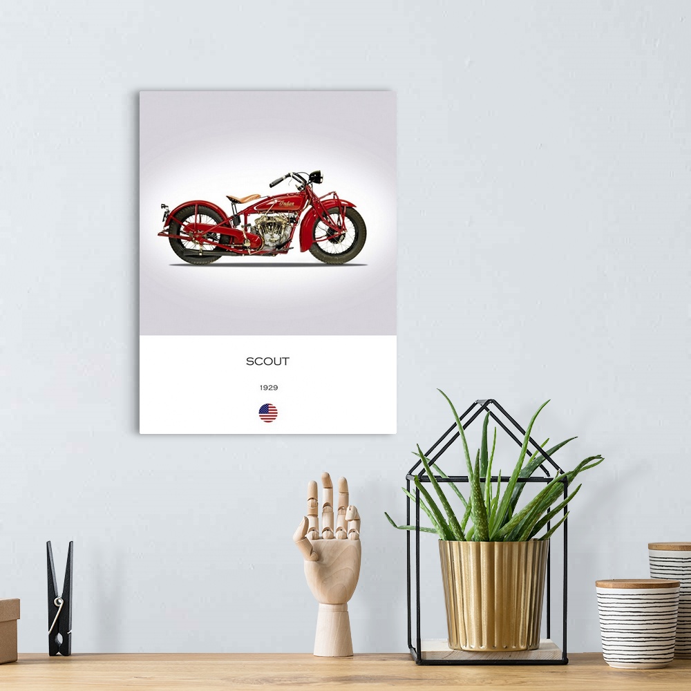 A bohemian room featuring Photograph of an Indian Scout 101 1929 printed on a white and gray background.