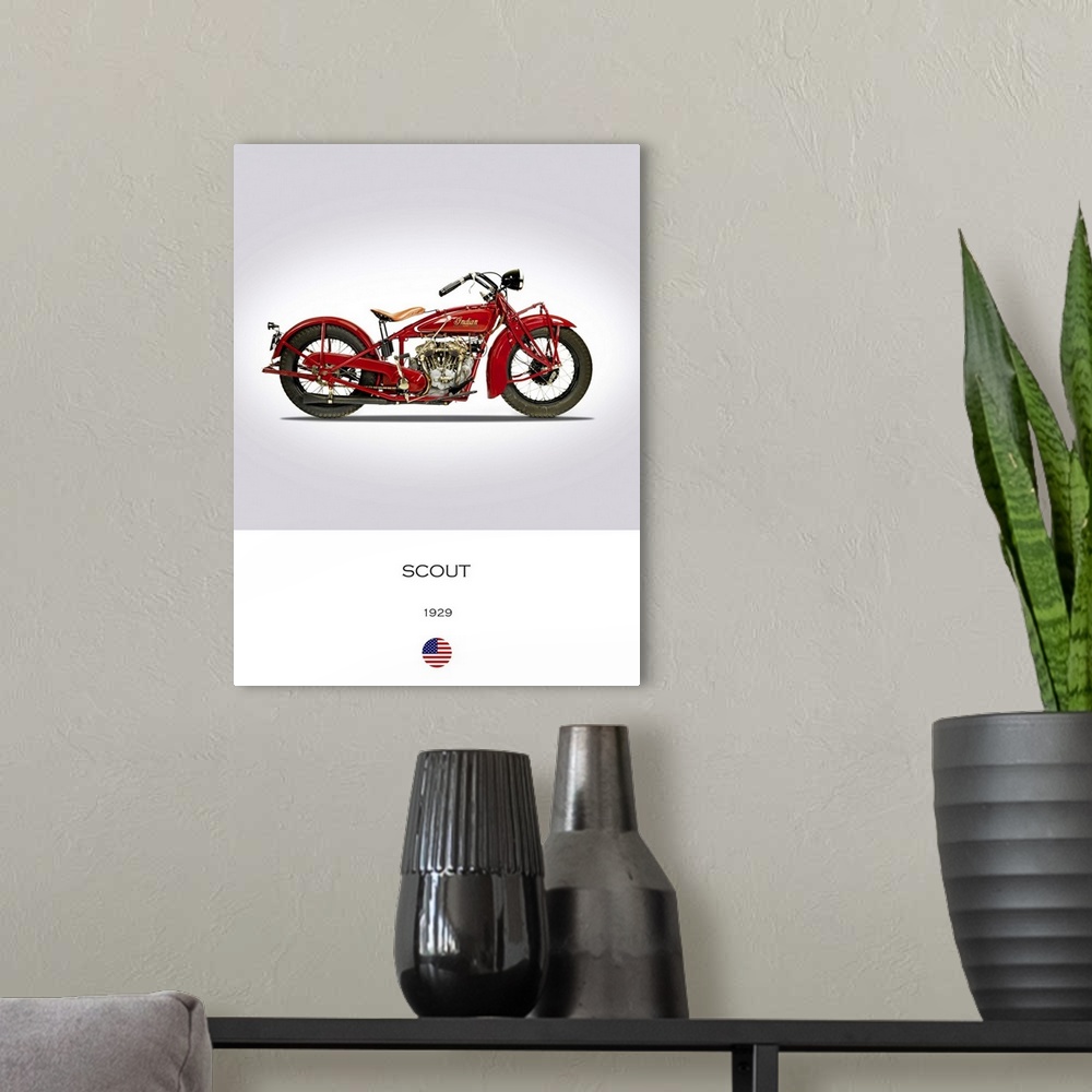A modern room featuring Photograph of an Indian Scout 101 1929 printed on a white and gray background.