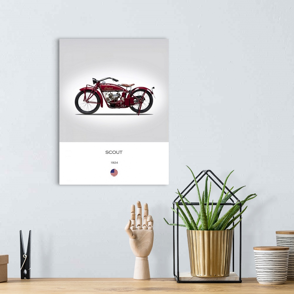 A bohemian room featuring Photograph of an Indian Scout 1924 printed on a white and gray background.