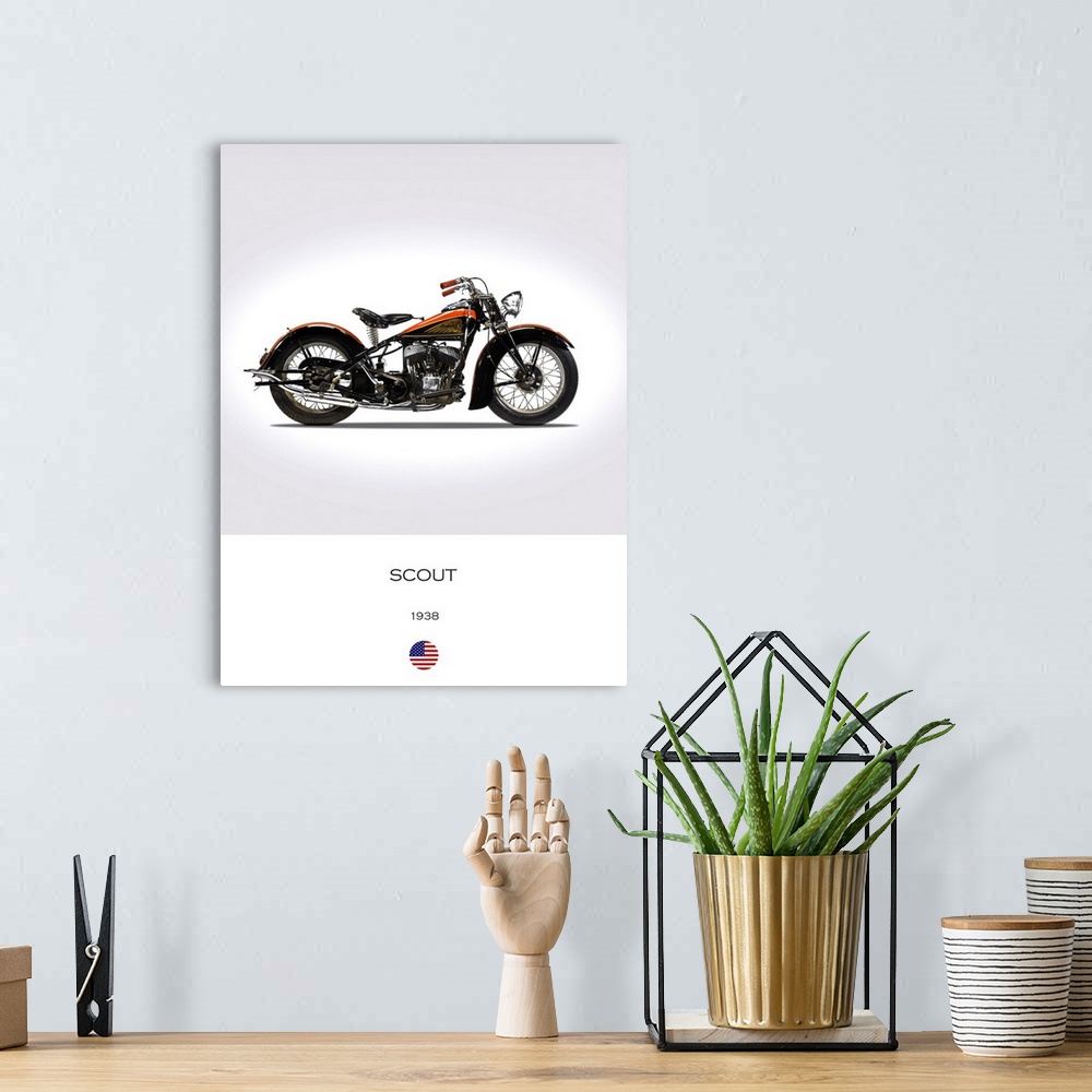 A bohemian room featuring Photograph of an Indian Scout 1938 printed on a white and gray background.