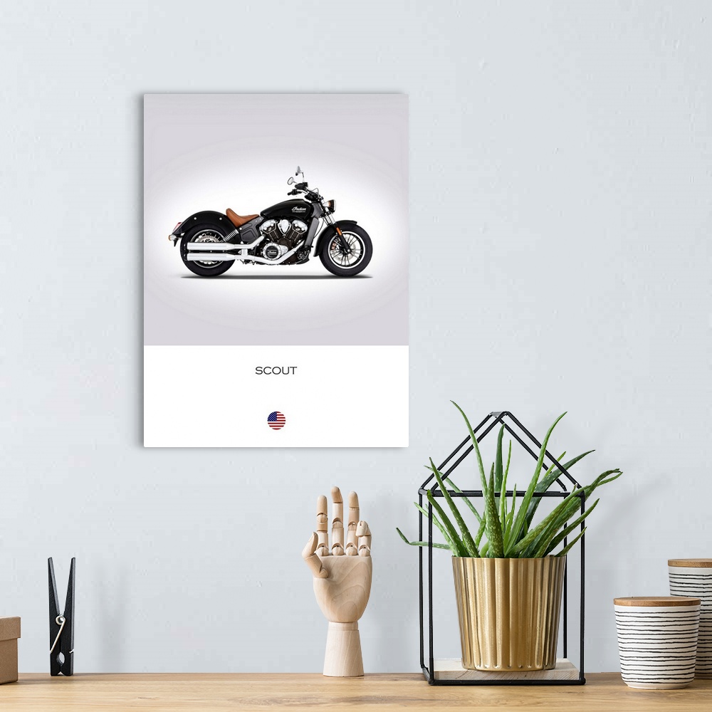 A bohemian room featuring Photograph of an Indian Scout 2016 printed on a white and gray background.
