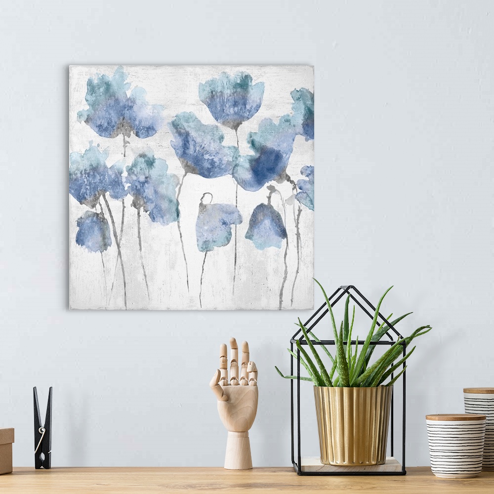 A bohemian room featuring Blue watercolor poppies against a distressed white background.