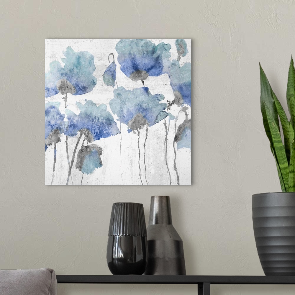 A modern room featuring Blue watercolor poppies against a distressed white background.