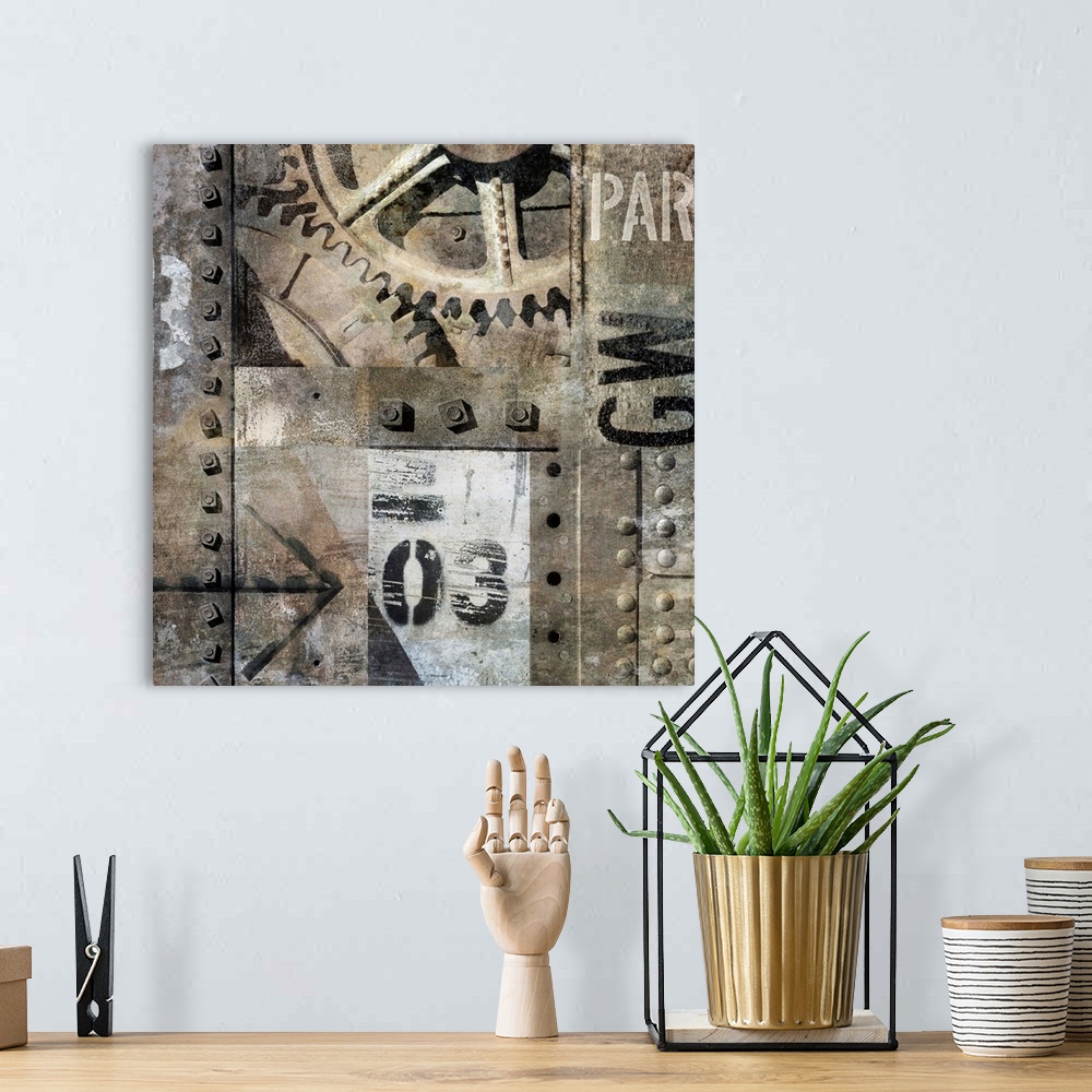 A bohemian room featuring Industrial themed square abstract in shades of gray, white, black, gold and silver.