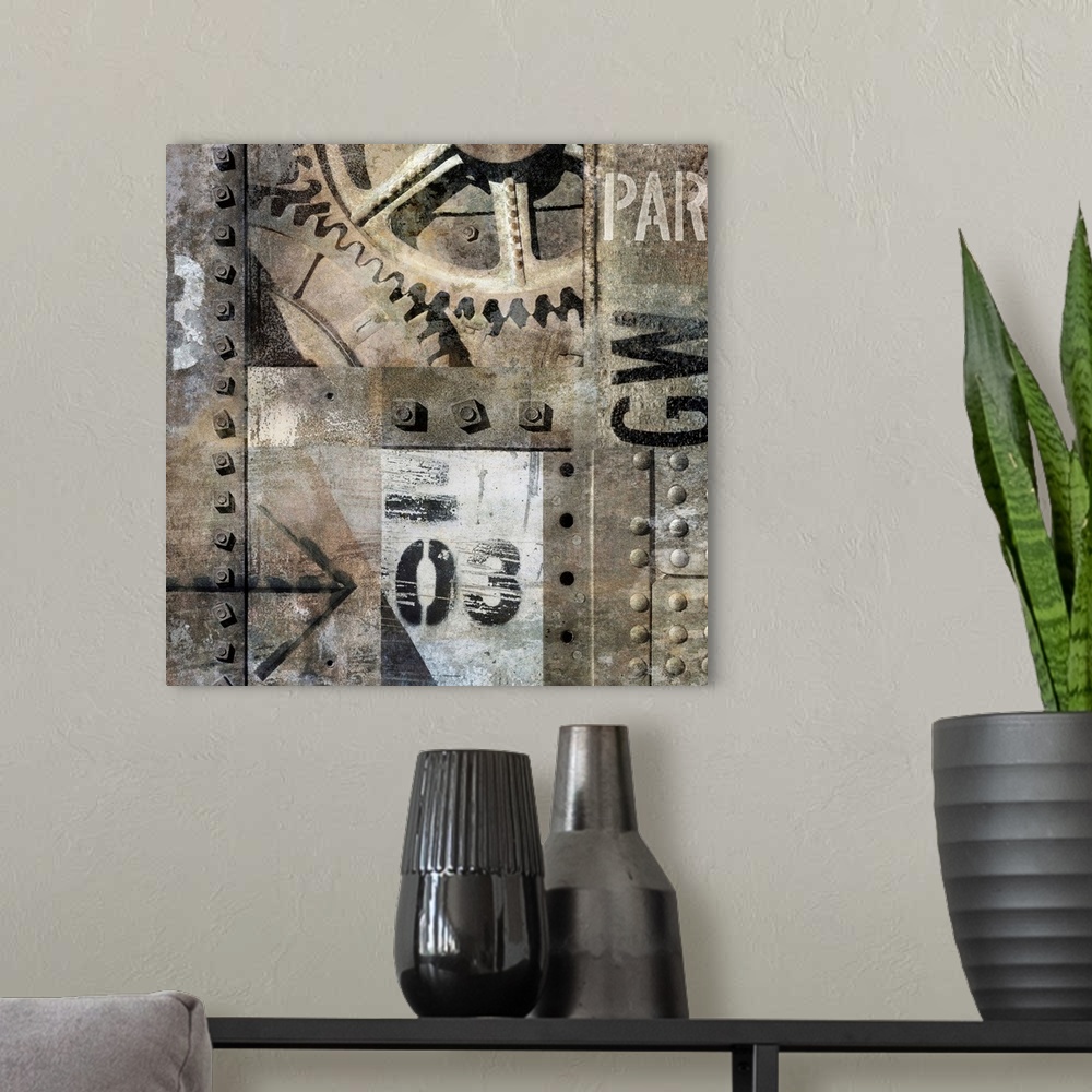 A modern room featuring Industrial themed square abstract in shades of gray, white, black, gold and silver.