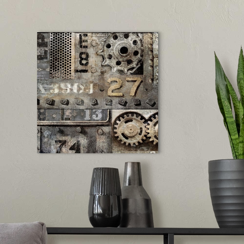 A modern room featuring Industrial themed square abstract in shades of gray, white, black, gold and silver.