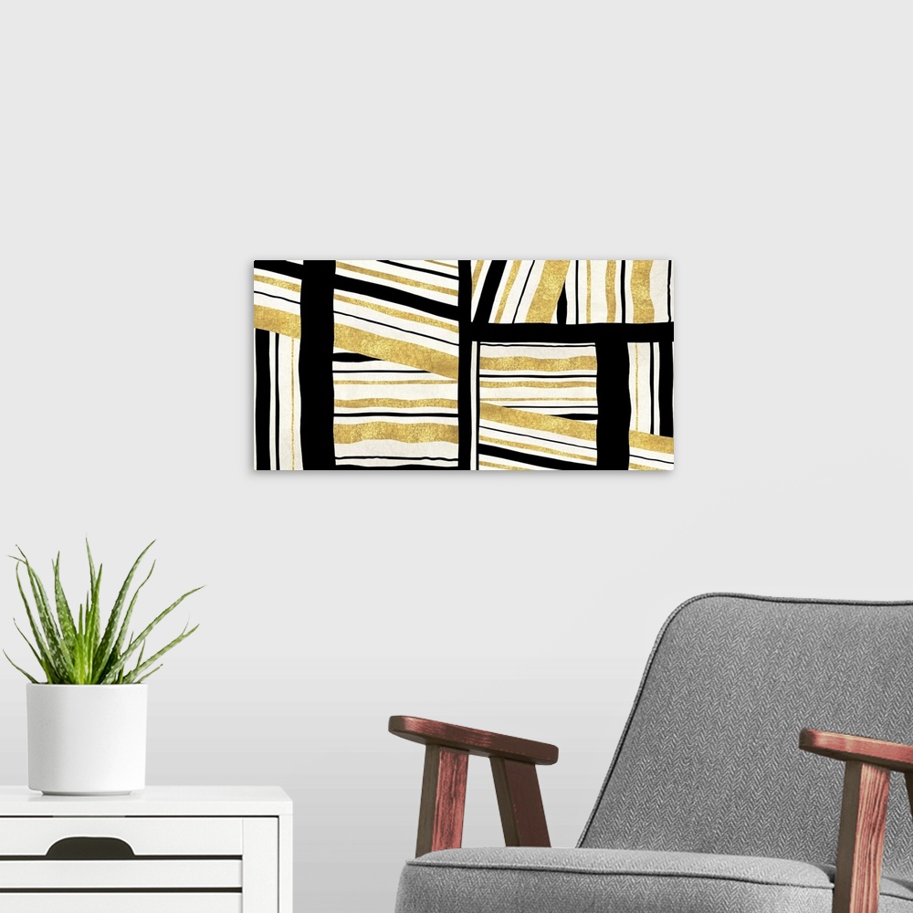 A modern room featuring Large abstract decor with gold, white, and black lines in all directions creating movement around...