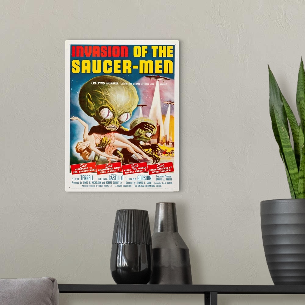 A modern room featuring Vintage movie poster for "Invasion Of The Saucer Men".