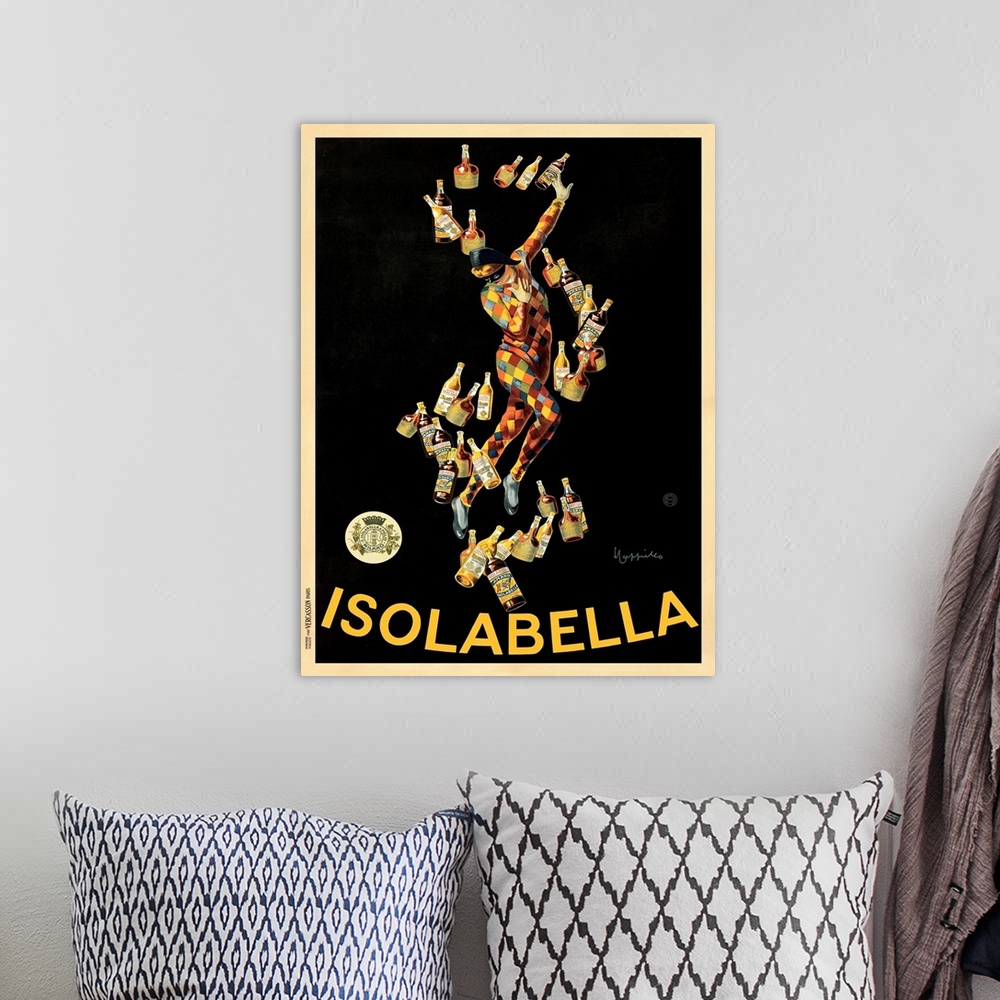 A bohemian room featuring Vintage advertisement of Isolabella (1910) by Leonetto Cappiello.