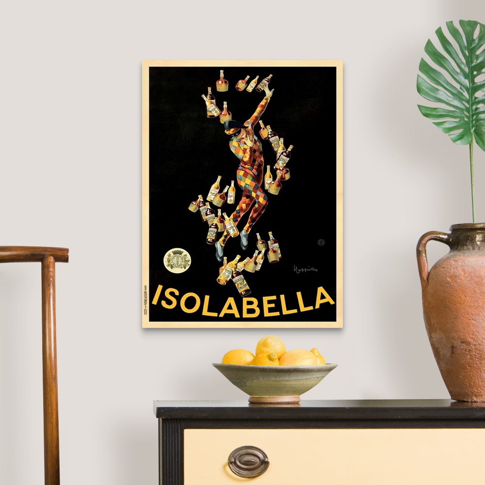A traditional room featuring Vintage advertisement of Isolabella (1910) by Leonetto Cappiello.