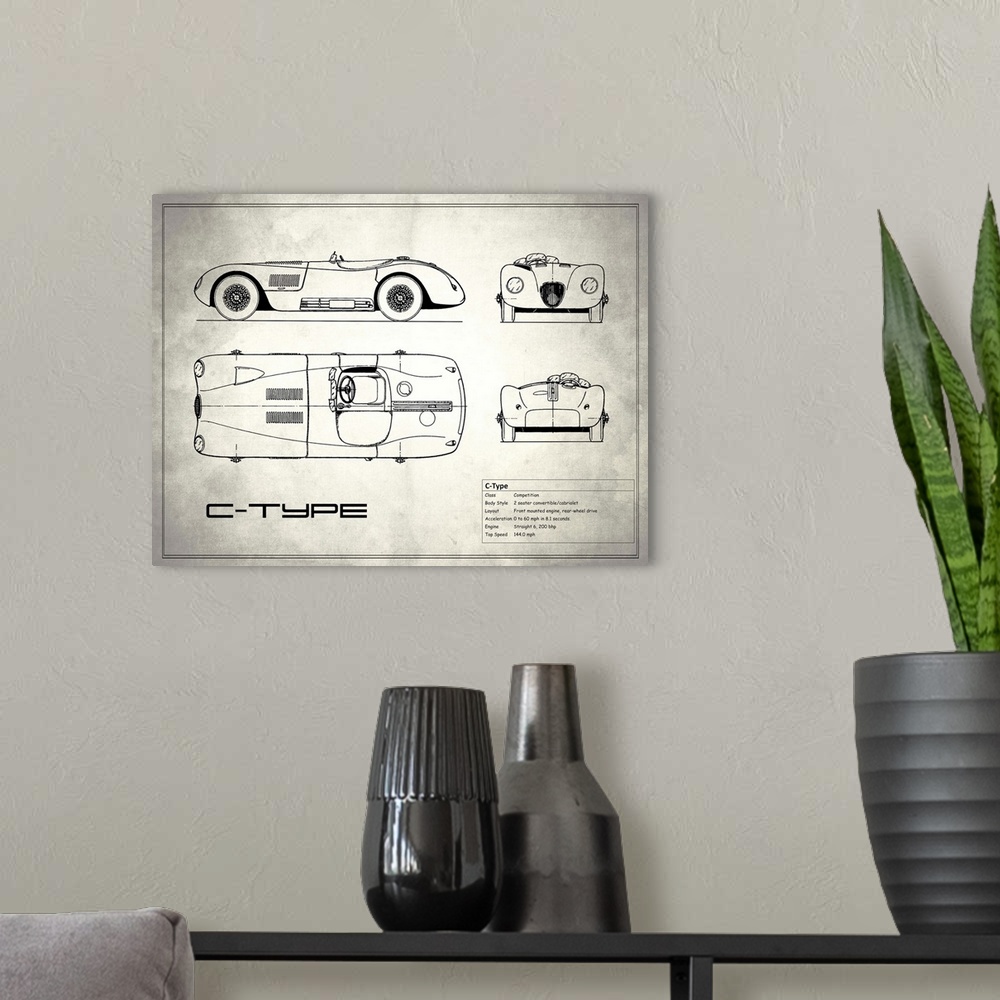 A modern room featuring Antique style blueprint diagram of a Jaguar C Type printed on a weathered white and gray background.