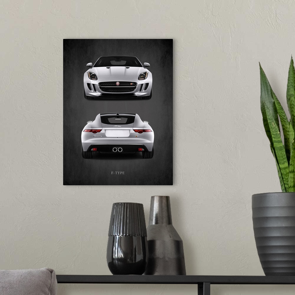 A modern room featuring Photograph of the front and back of a silver Jaguar F-Type printed on a black background with a d...