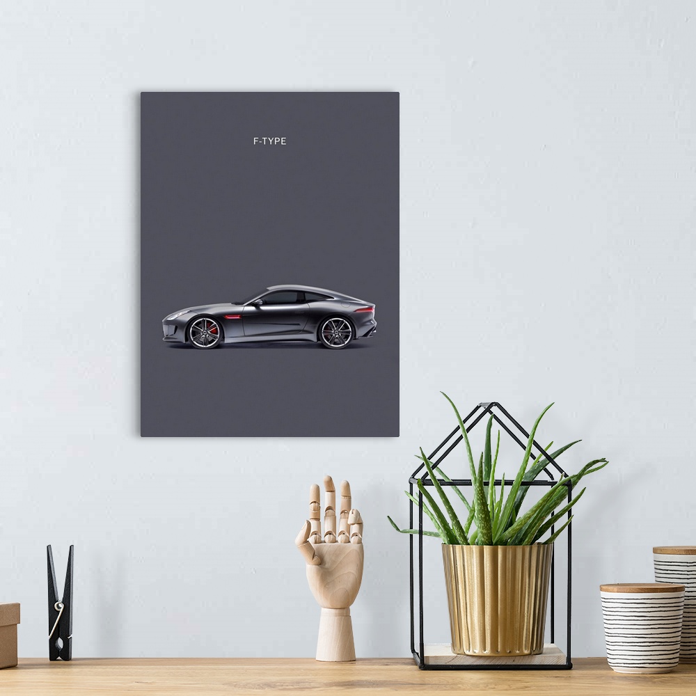 A bohemian room featuring Photograph of grey a Jaguar F Type printed on a grey background