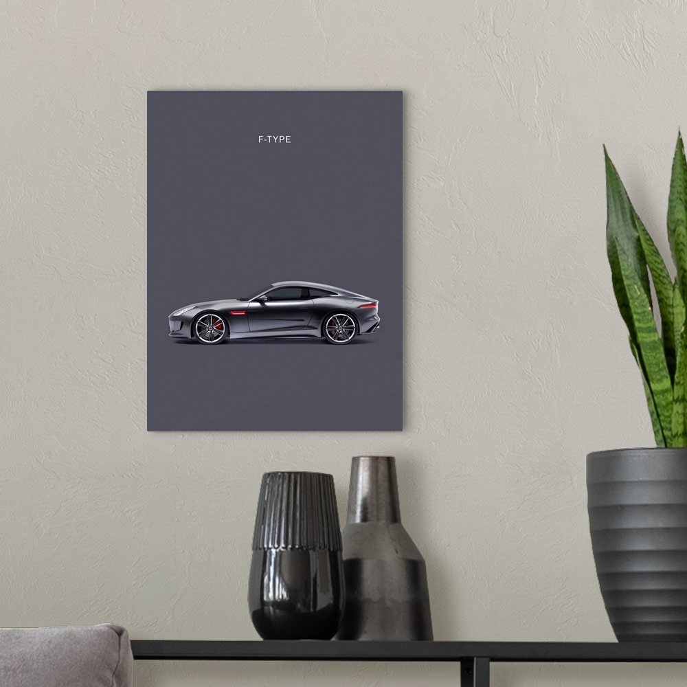 A modern room featuring Photograph of grey a Jaguar F Type printed on a grey background