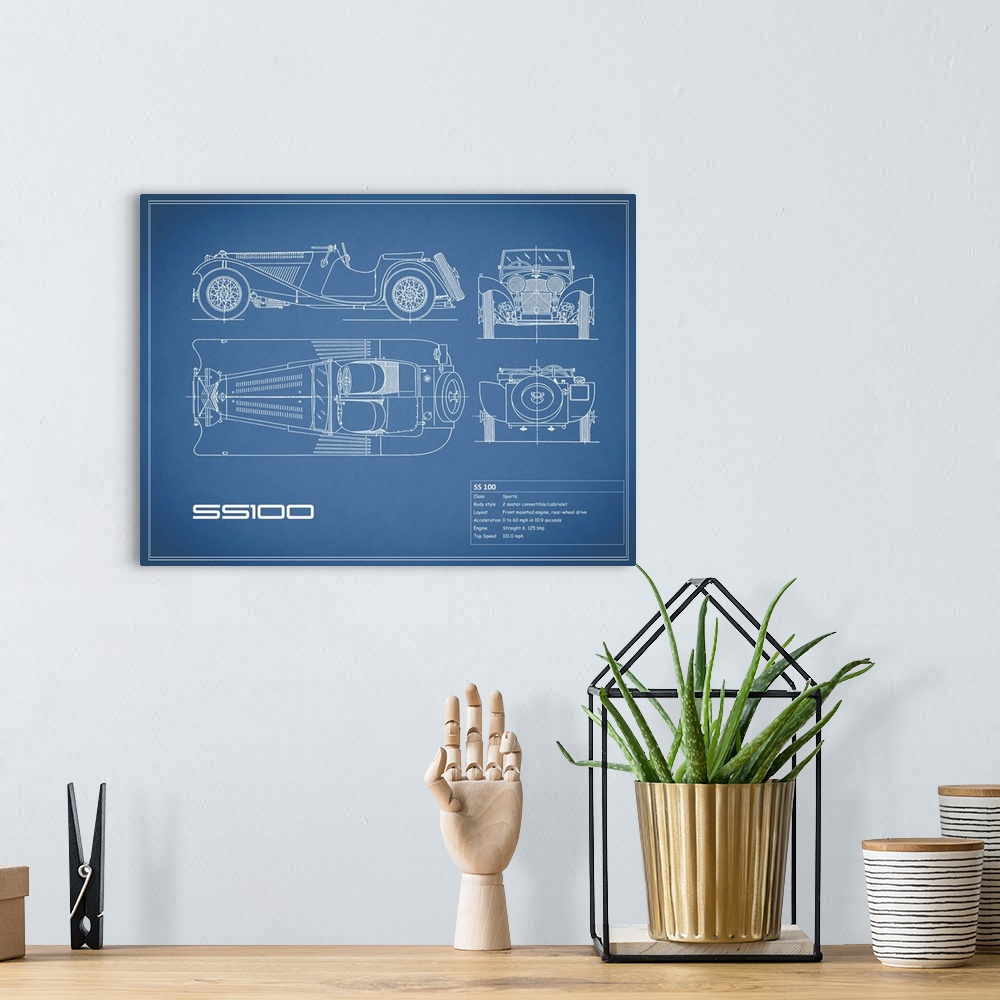 A bohemian room featuring Antique style blueprint diagram of a Jaguar SS 100 printed on a Blue background