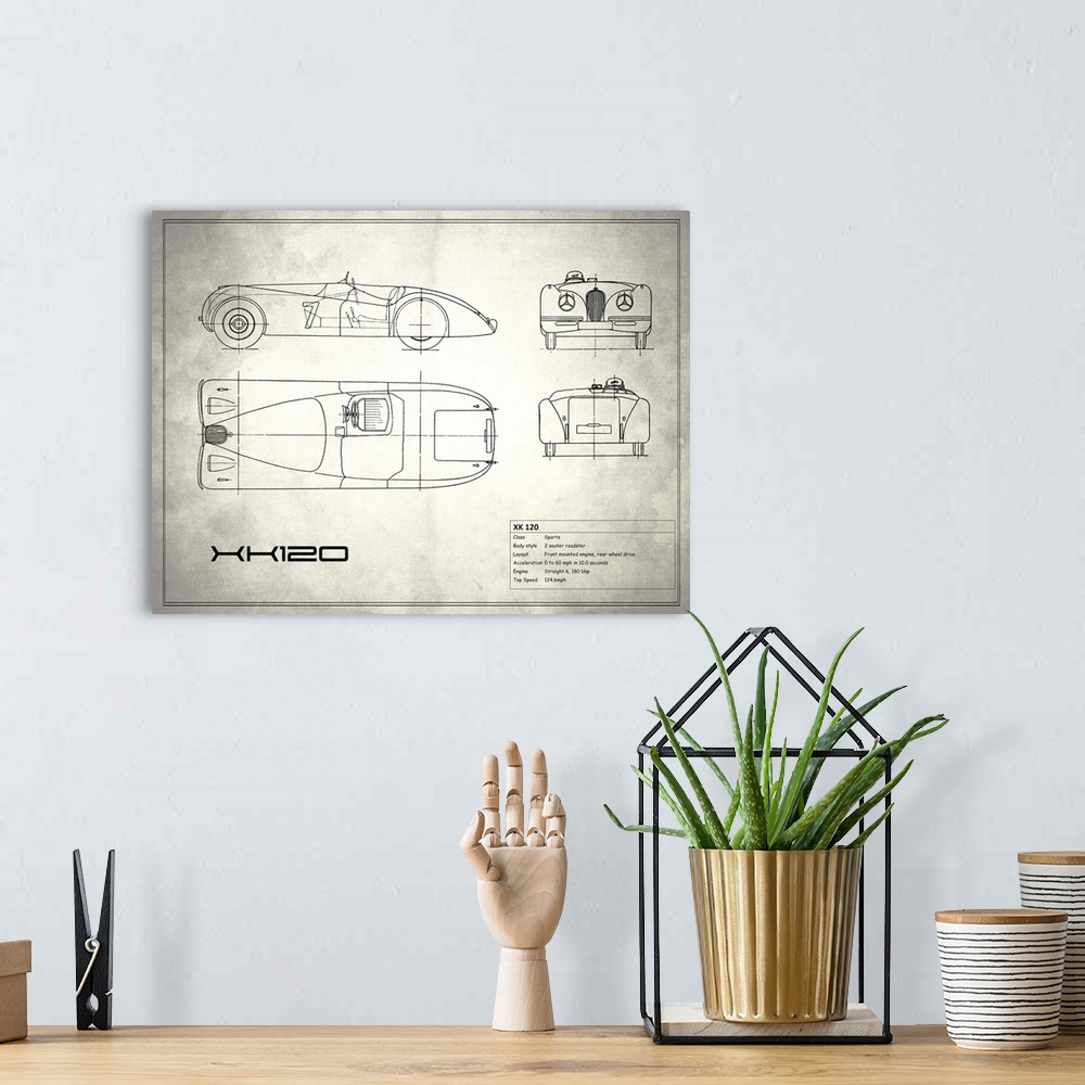 A bohemian room featuring Antique style blueprint diagram of a Jaguar XK 120 printed on a weathered white and gray background.