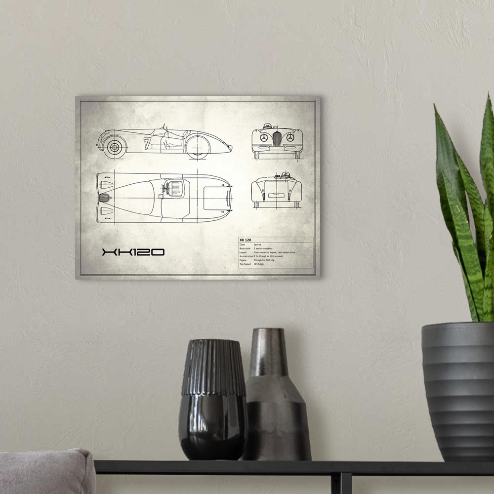 A modern room featuring Antique style blueprint diagram of a Jaguar XK 120 printed on a weathered white and gray background.