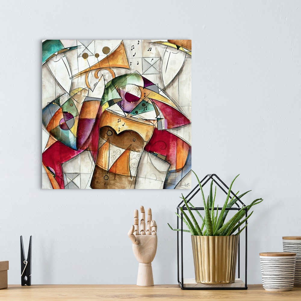 A bohemian room featuring Jam Session I by Eric Waugh. A square abstract painting of musicians playing instruments.