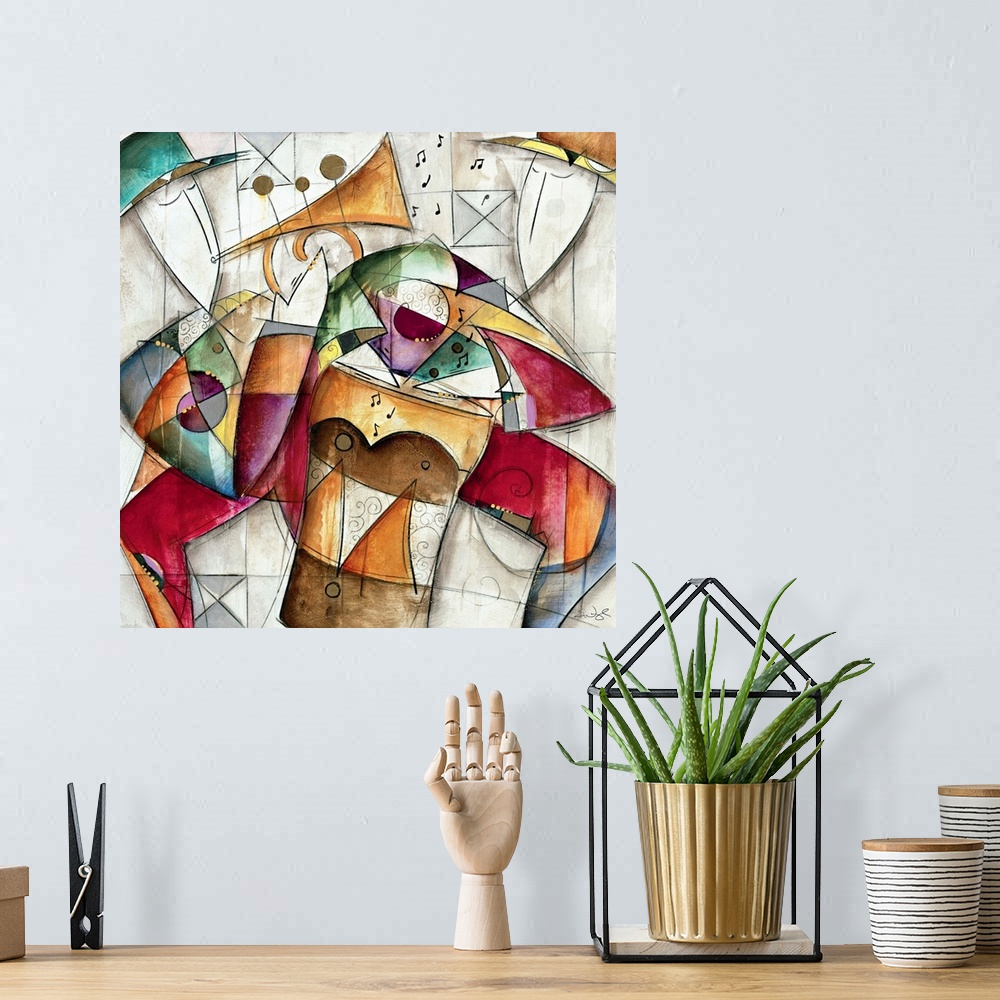 A bohemian room featuring Jam Session I by Eric Waugh. A square abstract painting of musicians playing instruments.