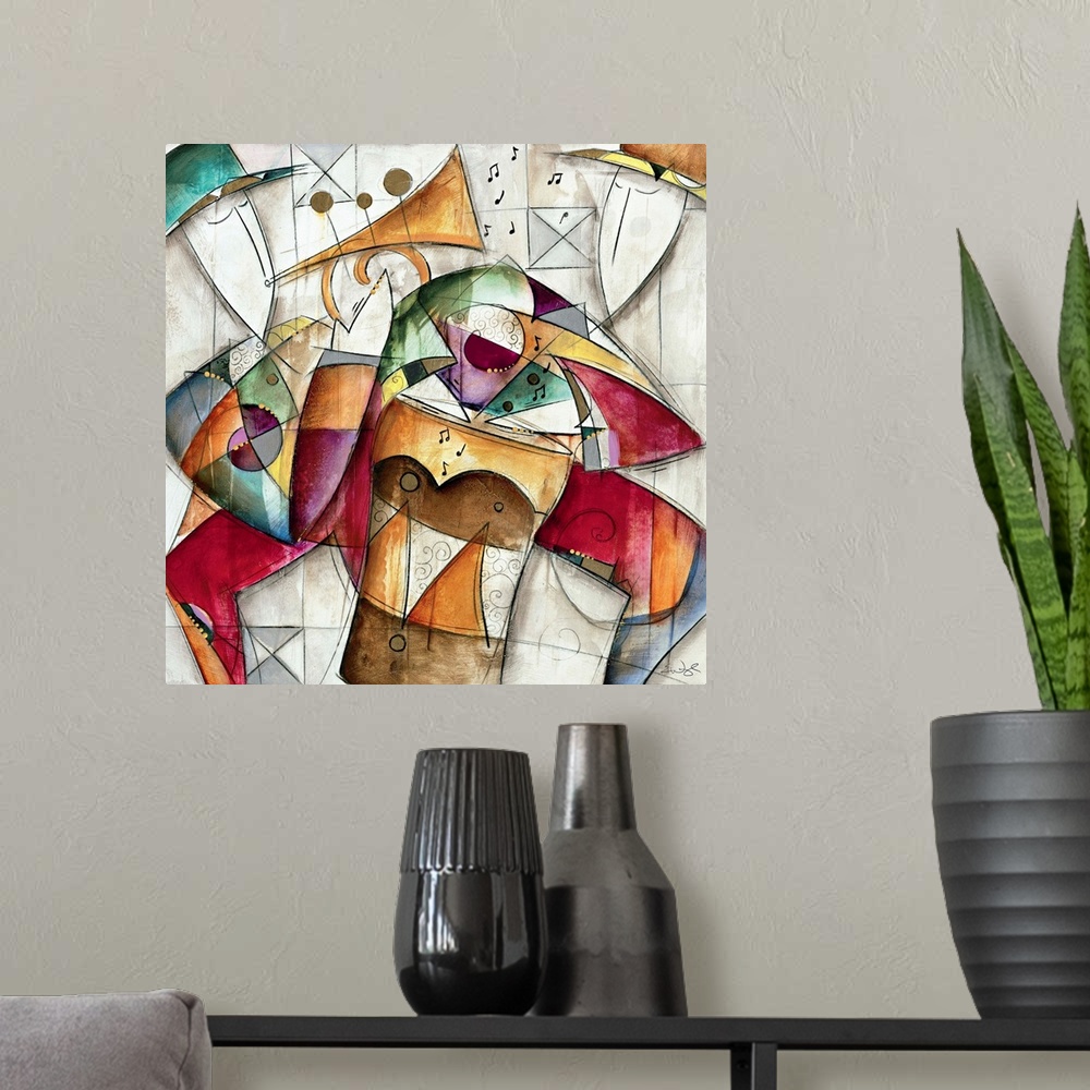 A modern room featuring Jam Session I by Eric Waugh. A square abstract painting of musicians playing instruments.