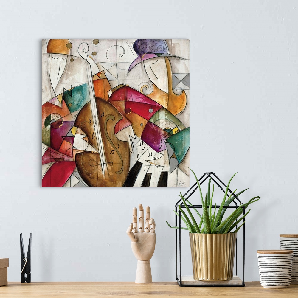 A bohemian room featuring Jam Session II by Eric Waugh.  A square abstract painting of musicians playing instruments.