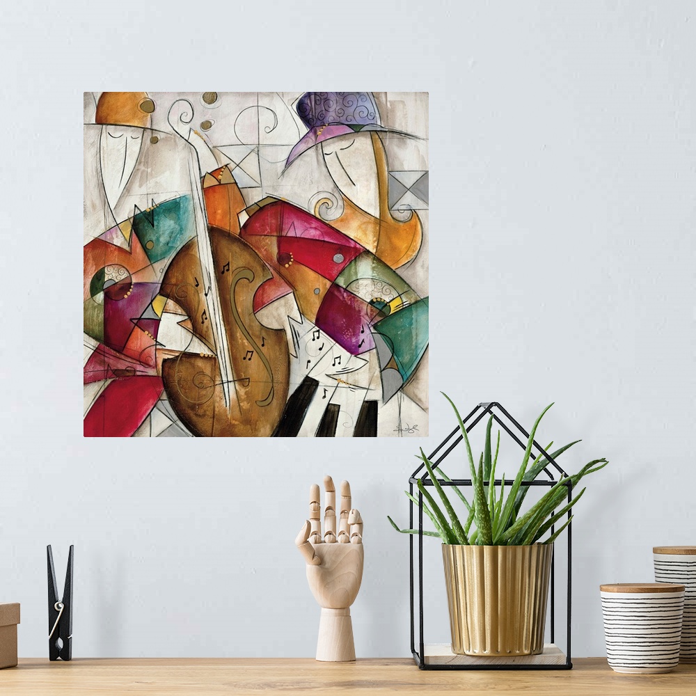 A bohemian room featuring Jam Session II by Eric Waugh.  A square abstract painting of musicians playing instruments.