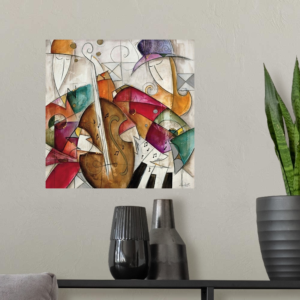 A modern room featuring Jam Session II by Eric Waugh.  A square abstract painting of musicians playing instruments.