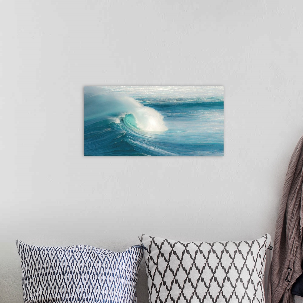 A bohemian room featuring Close-up photograph of a large crashing wave in Maui.