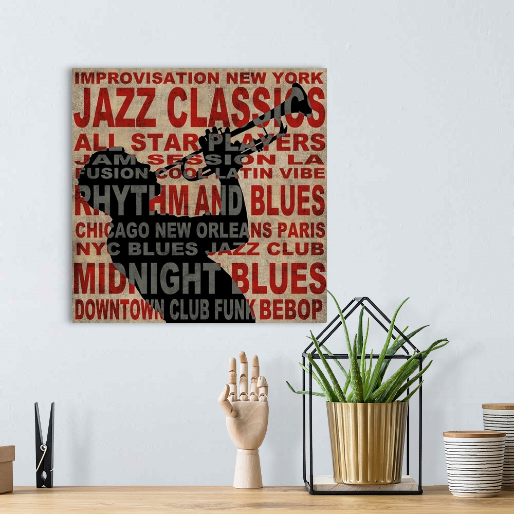 A bohemian room featuring Square decor with Jazz themed words written on top of a black silhouette of a musician playing th...
