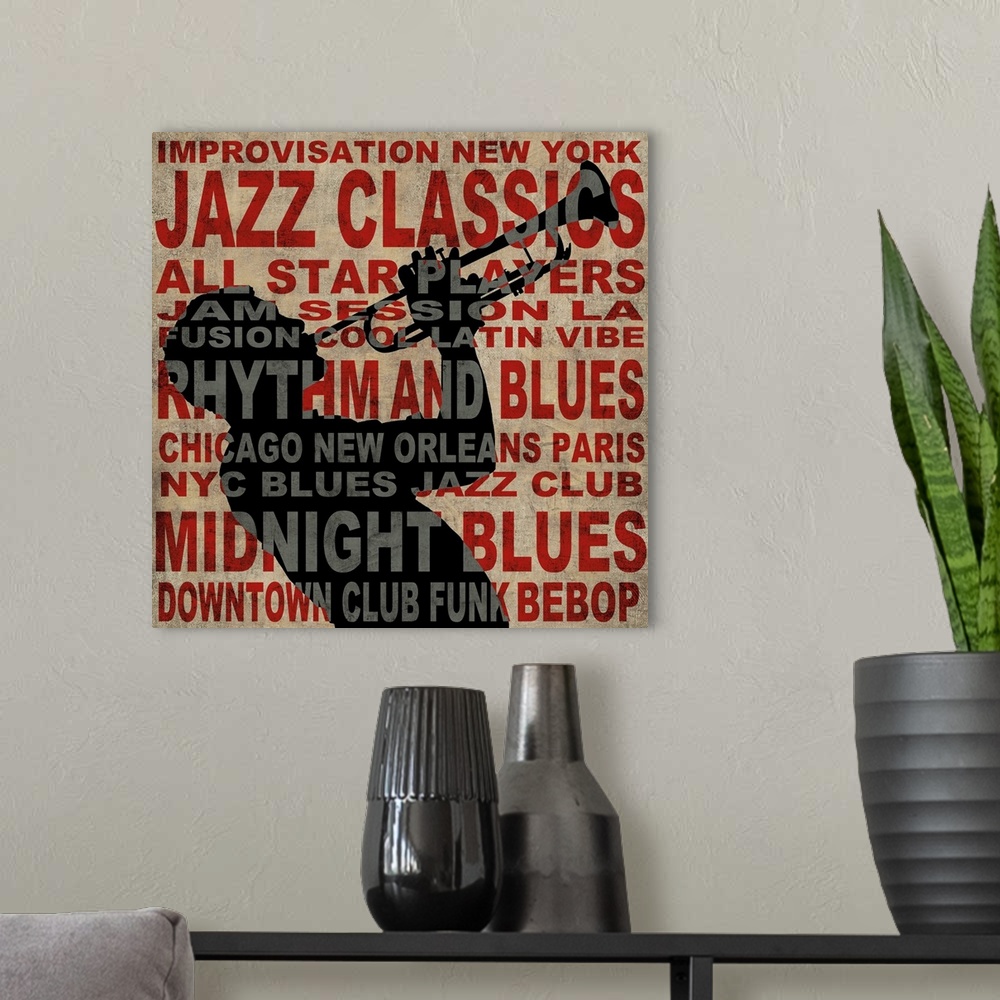 A modern room featuring Square decor with Jazz themed words written on top of a black silhouette of a musician playing th...