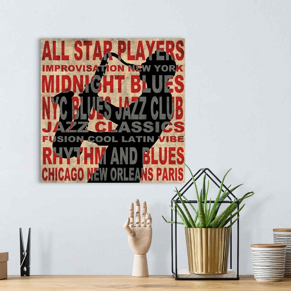 A bohemian room featuring Square decor with Jazz themed words written on top of a black silhouette of a musician playing th...